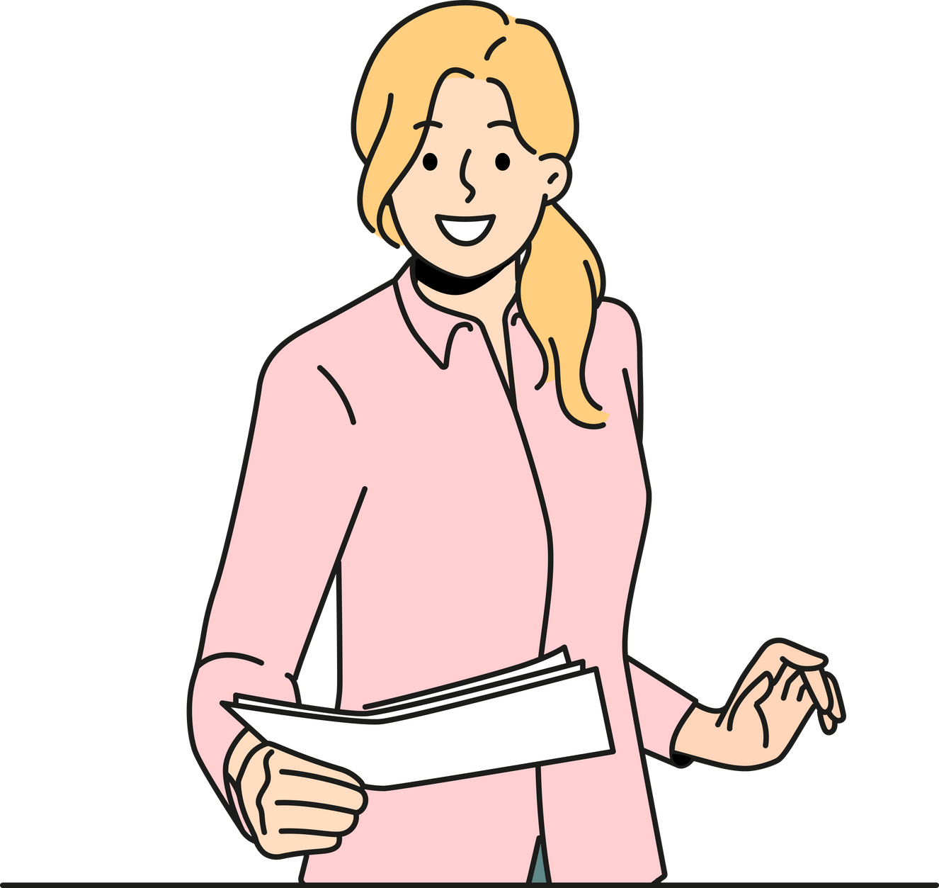 Smiling female employee deliver paperwork in office